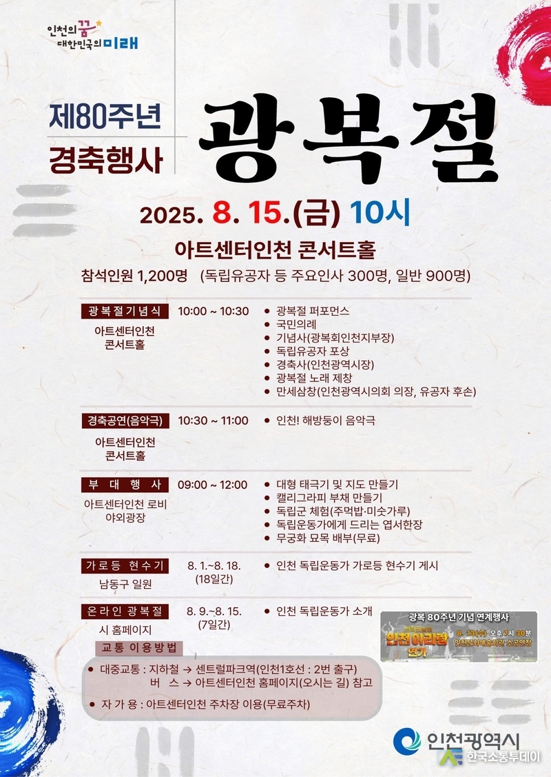 (사진제공=인천시청) 제80주년 광복절 경축행사가 아트센터인천 콘서트홀에서 개최한다.