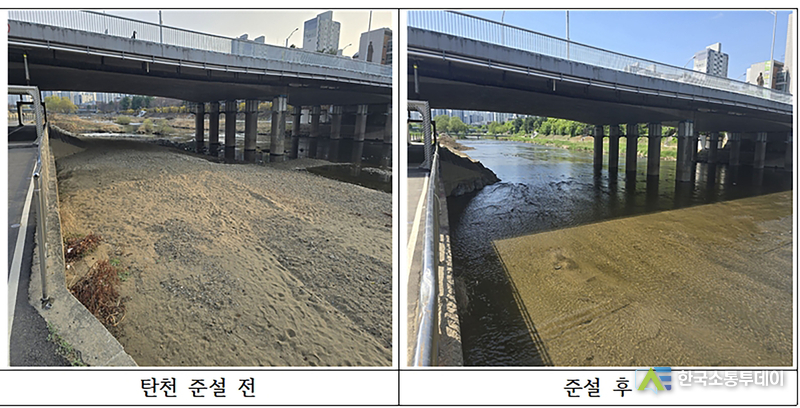 사진제공=성남시청// 성남시 분당구 야탑동 지역 탄천 준설 전후 비교