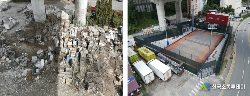 사진제공=용인특례시청// 용인특례시 기흥구가 신갈동 537-85번지 고가도로 하부를 시민편의시설로 조성한 모습. 사진은 조성 전(왼쪽)과 조성 후(오른쪽)
